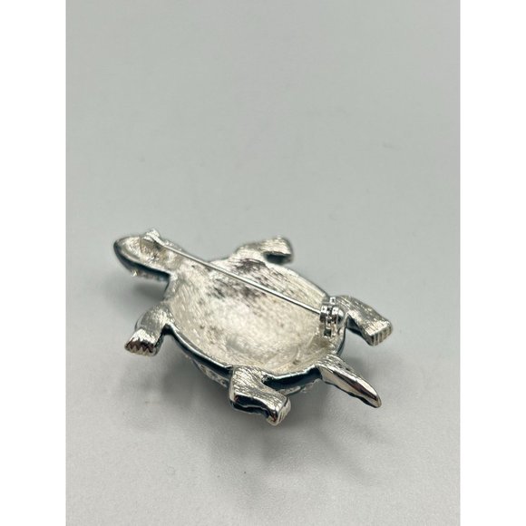 Kenneth Jay Lane KJL Turtle Pin Brooch Silver Tone Clear Crystals Black Enamel - Picture 6 of 9